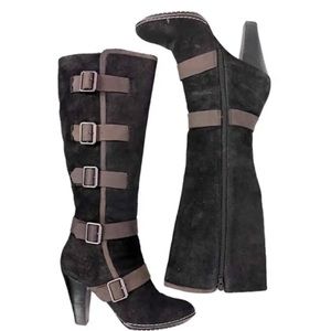 Sofft Stockholm Women’s Knee High Tall BLACK/BROWN Suede Boots Strap Buckle 7M